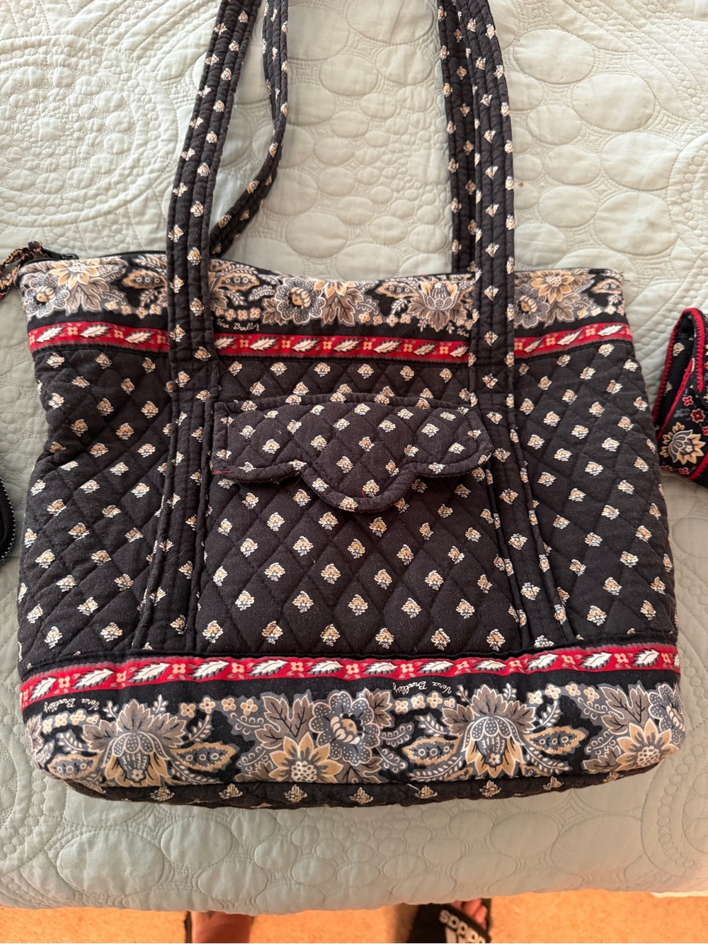 Vera Bradley purse and wallet Quilted Black Floral Tote Bag with Red Trim